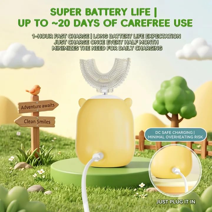 Kids U-Shaped Electric Toothbrush for Ages 7-15, Yellow, Rechargeable Sonic Brush