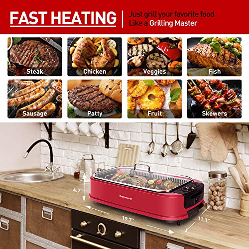 Techwood Smokeless Indoor Grill - Single Rose Red Non-Stick Plate, 1500W Portable Electric Korean BBQ
