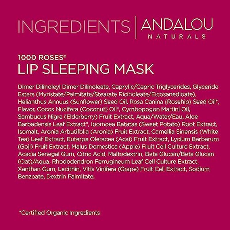 Andalou Naturals Mask 1000 ROSES, Overnight Sleeping Mask for Dry, Chapped Lips, Plumping, Hydrating & Soothing Balm with Alpine Rose Stem Cells, Vegan & Cruelty-Free, 0.42 O