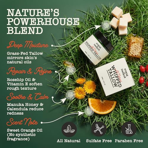 Forge & Harbor Grass-Fed Whipped Tallow & Honey Balm ? Deep Moisture Face & Body Cream with Manuka Honey, Vitamin E, Rosehip | For Rosacea, Eczema, Dry, Wrinkles & Sensitive Skin (4oz)