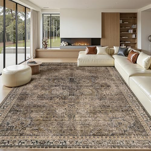 Large Washable Area Rug 8x10 Brown Faux Wool Vintage Print Non-Slip Backing
