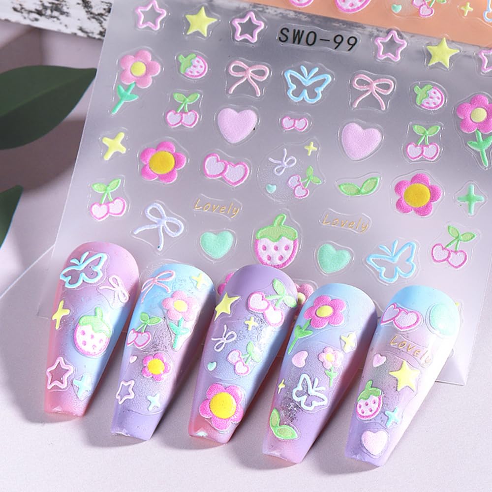 Bow Heart Star Nail Stickers for Nail Art Spring Butterfly Flower Nail Art Stickers Cute Summer Ice Cream Nail Decals 3D Colorful Strawberry Floral Self Adhesive Design Sticker for Women Girls 3PCS