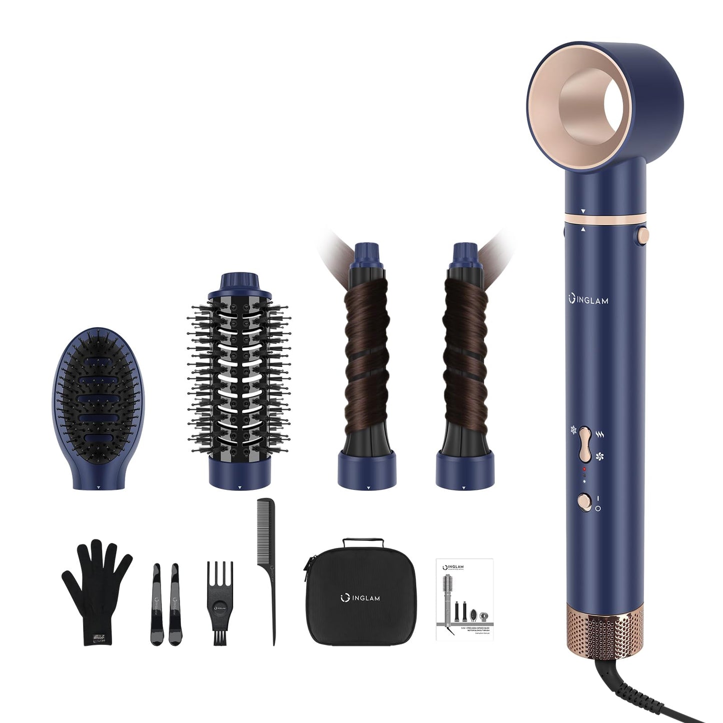 5 in 1 Blow Dryer Brush IG INGLAM MegaAir Hair Styler Brushless Hair Dryer Brush Left/Right Air Auto-Wrap Curler Hot Air Brush Negative Ions No Heat Damage Frizz-Free Drying Curling, Prussian Blue