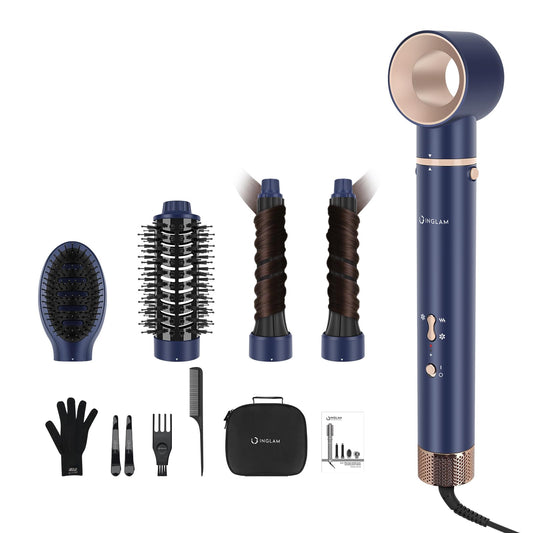 5 in 1 Blow Dryer Brush IG INGLAM MegaAir Hair Styler Brushless Hair Dryer Brush Left/Right Air Auto-Wrap Curler Hot Air Brush Negative Ions No Heat Damage Frizz-Free Drying Curling, Prussian Blue