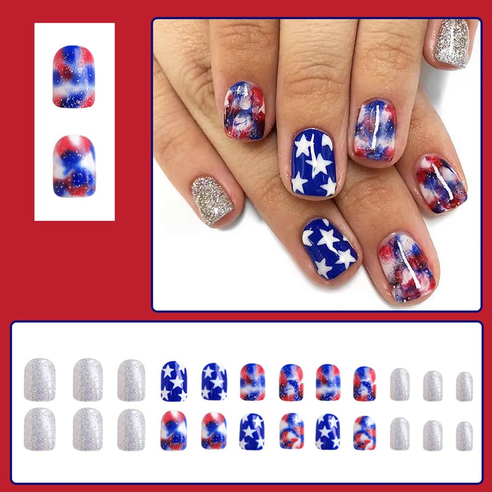 4th of July Press On Nails Extra Short Square,YEFIUO White Blue Smudge Fake Nails Press ons Nail Art Tip Acrylic Nail Kit Glue on Nails Full Cover False Nails with Silver Glitter Design for Ma'am