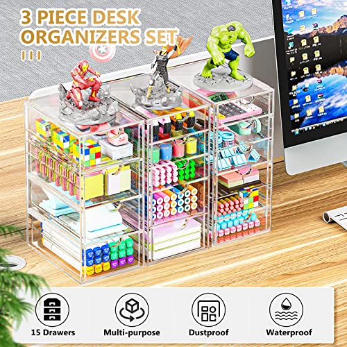 YFXCVSL 3-Pack Acrylic 15-Drawer Makeup & Desk Organizer - Clear Storage Bins