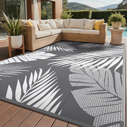 Outdoor Rug 8x10 ft Waterproof Plastic Rug with Palm Leaf Design - Grey & White