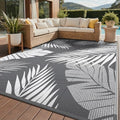 Outdoor Rug 8x10 ft Waterproof Plastic Rug with Palm Leaf Design - Grey & White