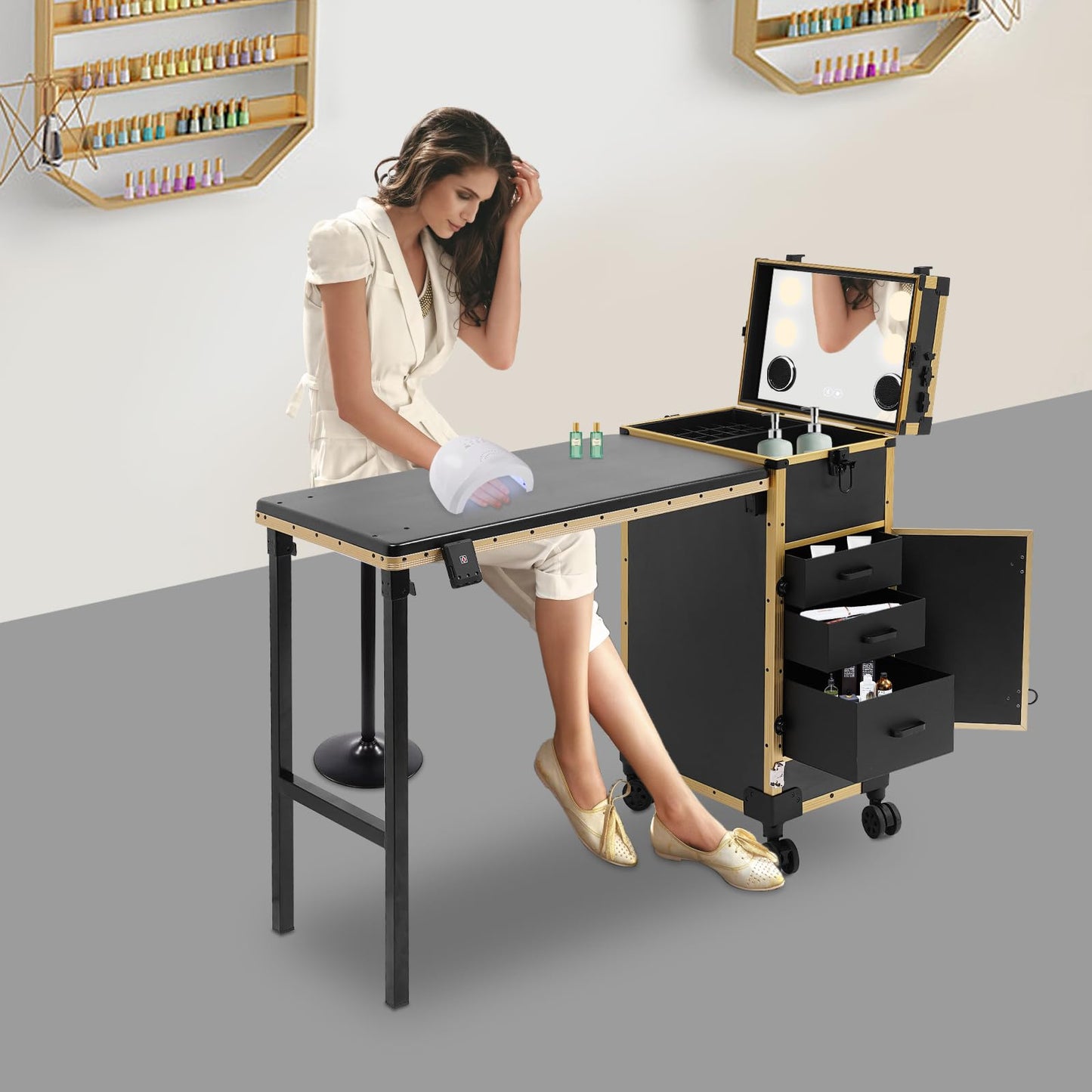 Foldable Rolling Manicure Table with Mirror and Lights, Portable Nail Desk with 3 Drawers, Bluetooth Speaker, Lock & Wheels, Travel Vanity Station for Makeup Artists & Beauty Lovers (Gold/Black)