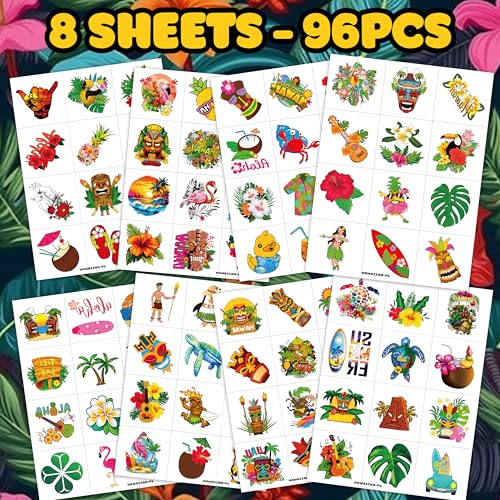 96 PCS Hawaiian Pre-Cut Tattoos Birthday Party Decorations Supplies Favors Tiki Hawaii Luau Hibiscus Temporary Tattoos Flower Tropical Summer Beach Aloha Palm Stickers School Prizes Rewards (Normal)