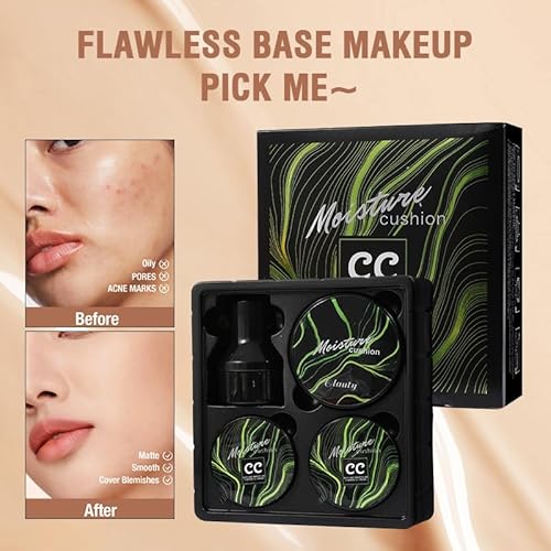 Moisture Cushion CC Cream Foundation for Mature Skin - Flawless Concealer BB Cream with Mushroom Sponge, Long-Lasting Waterproof Air Cushion, Natural (03# ? Refill Kit (1 Full + 2 Refills))