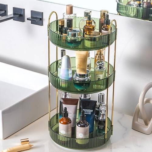 Makeup Organizer for Vanity, 360¡Æ Rotating Bathroom Organizer Countertop, High-Capacity Skincare Organizer, Spinning Cosmetics Organizer for Dresser Countertop (3 Tiers, Green)