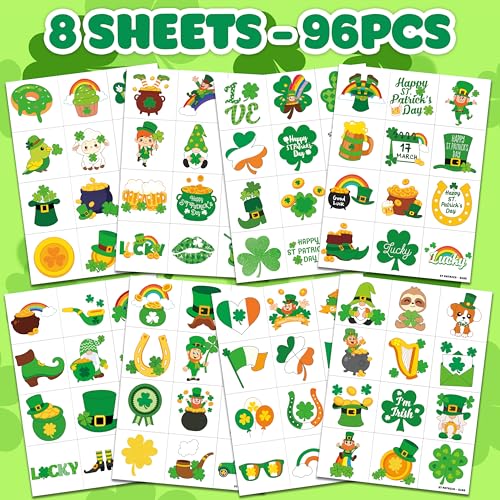 96 PCS St Patricks Day Shamrock Pre-Cut Temporary Tattoos for Kids | Super Cute Themed Birthday Party Favors, Supplies, Decorations, Lucky Fake Tattoo Stickers, School Rewards Gifts For Boys Girls