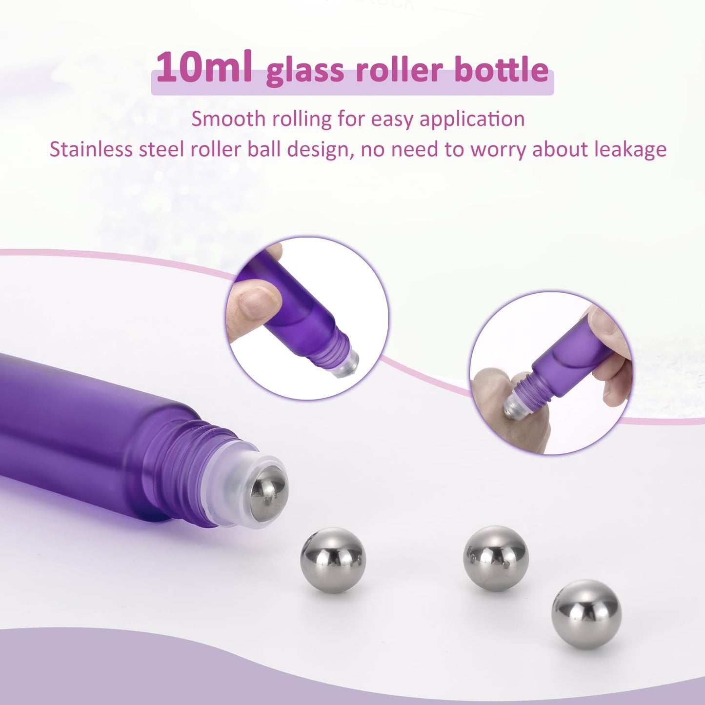 Kesell 10-Pack 10ml Glass Roller Bottles for Essential Oils - Travel- (3.34x0.78inch), Stainless Steel Roll-On Balls, Leak-Proof Caps - Refillable Perfume, Aromatherapy Bottles