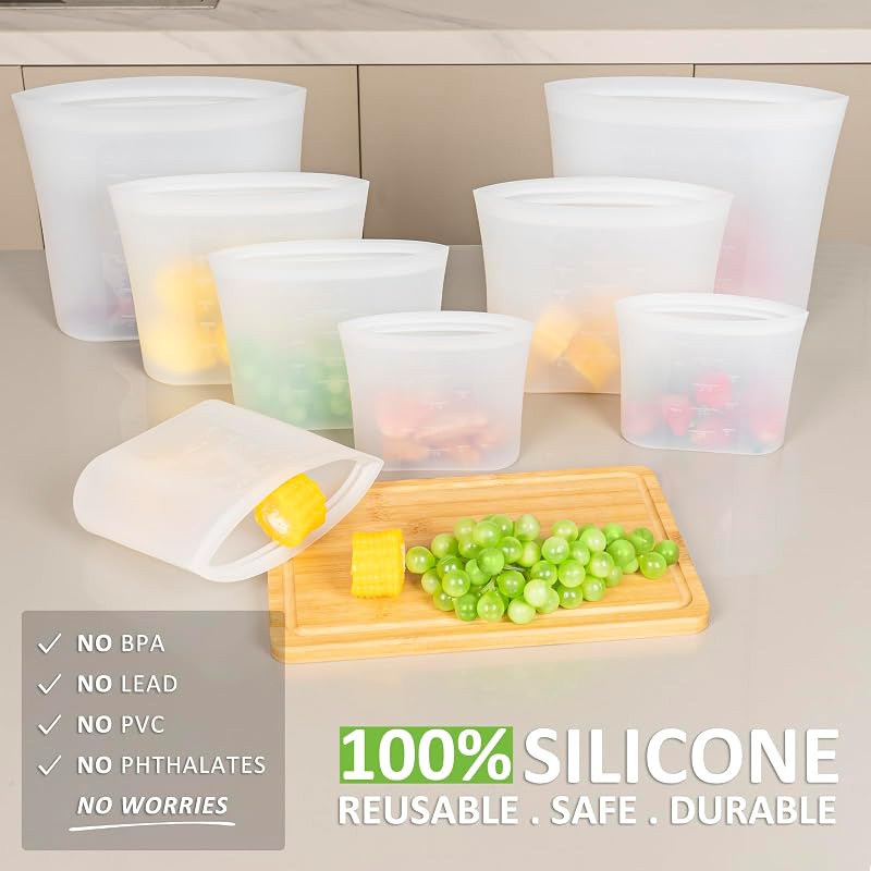 16 Pack 100% Silicone Reusable Food Storage Bags Set, Stand-Up Wide-Mouth, 2XL/4L/4M/4S/XS, Microwave & Dishwasher Safe, Translucent