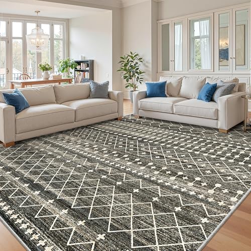 Black 8x12 Moroccan Style Area Rug - Washable Non-Slip Living Room Carpet