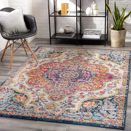 Livabliss 6'7" x 9" Orange Vintage Boho Area Rug - Fuchsia Mustard Blue