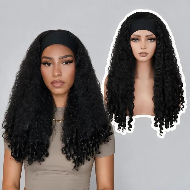 Black Afro Curly Headband Wig 24 Inch Glueless Kinky 4C Texture for Black Women - Variation #1B