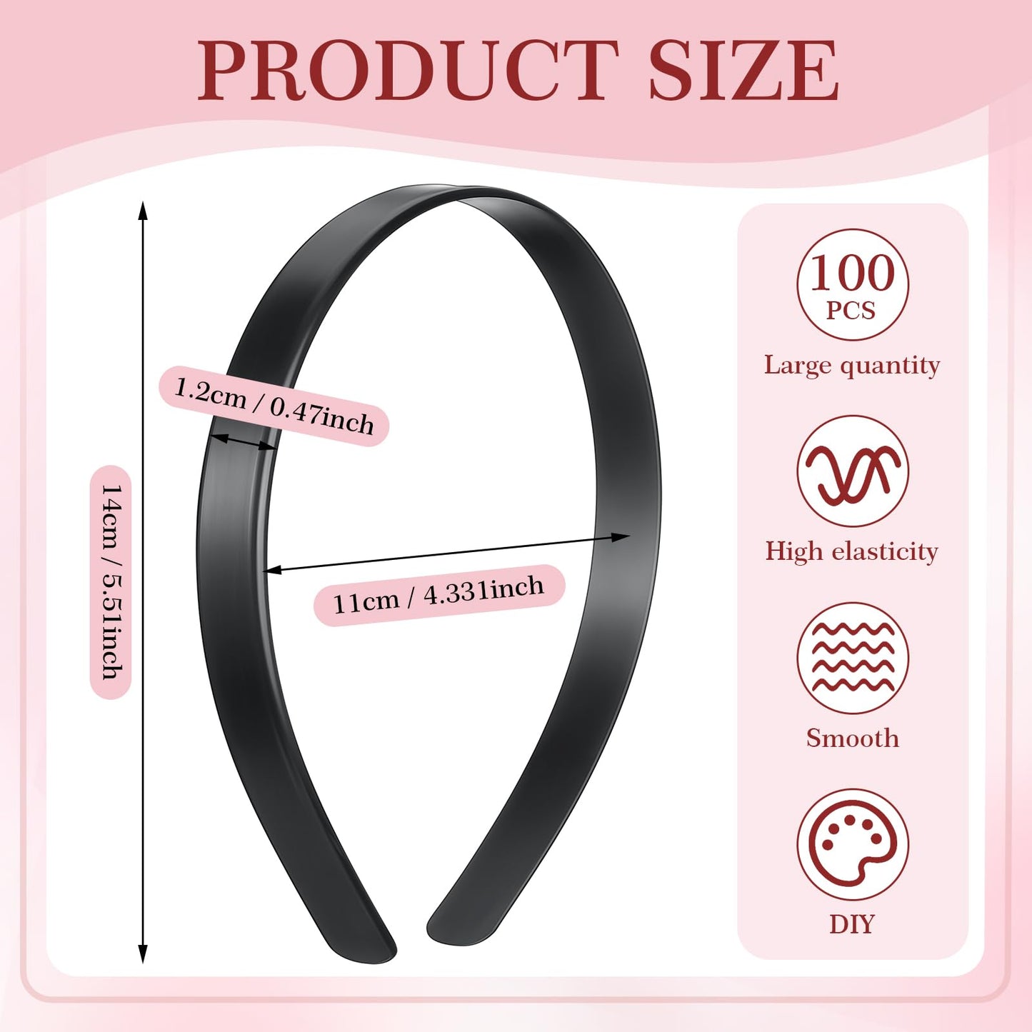 Hotop 100 Pcs Plastic Headbands Bulk 1 Inch Wide Craft No Teeth Plain Headbands DIY Hair Band Accessories for Girls Women (Black,1/2 Inch Wide)
