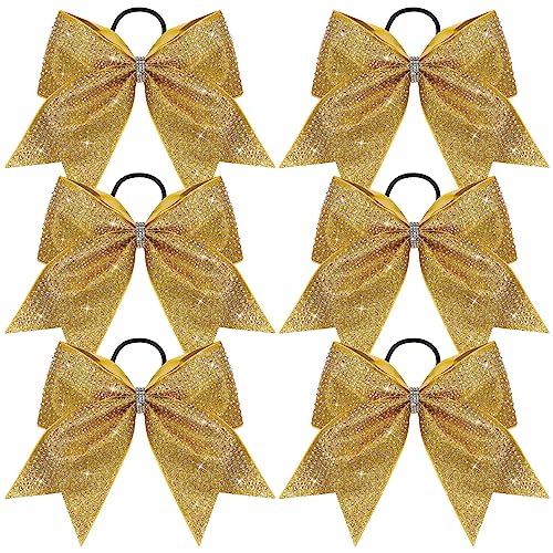 Cheerleader Hair Bows 6-Pack 8 Inch Glitter Gold Rhinestone Cheer Hair Accessories for Girls - Variation: Glitter Gold + Full Rhinestone