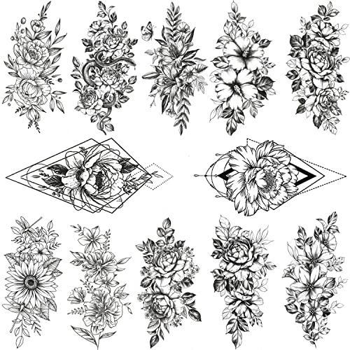 Glaryyears Large Vivid Flower Temporary Tattoos for Women, 9-Pack White Ink Bright Vein Realistic Fake Tattoo Stickers, Perfect on Body Arm Thigh Waist or Rock Art Tumblers Glass