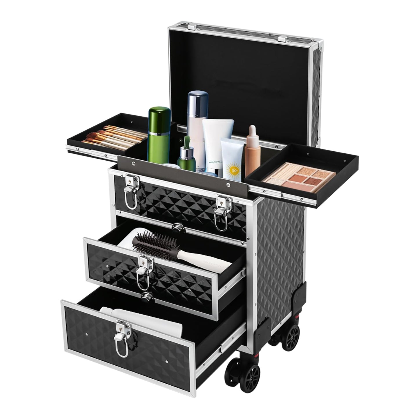 Professional Rolling Makeup Case, Cosmetic Organizer with Sliding Drawers, Makeup Case with 360° Rotatable Wheels