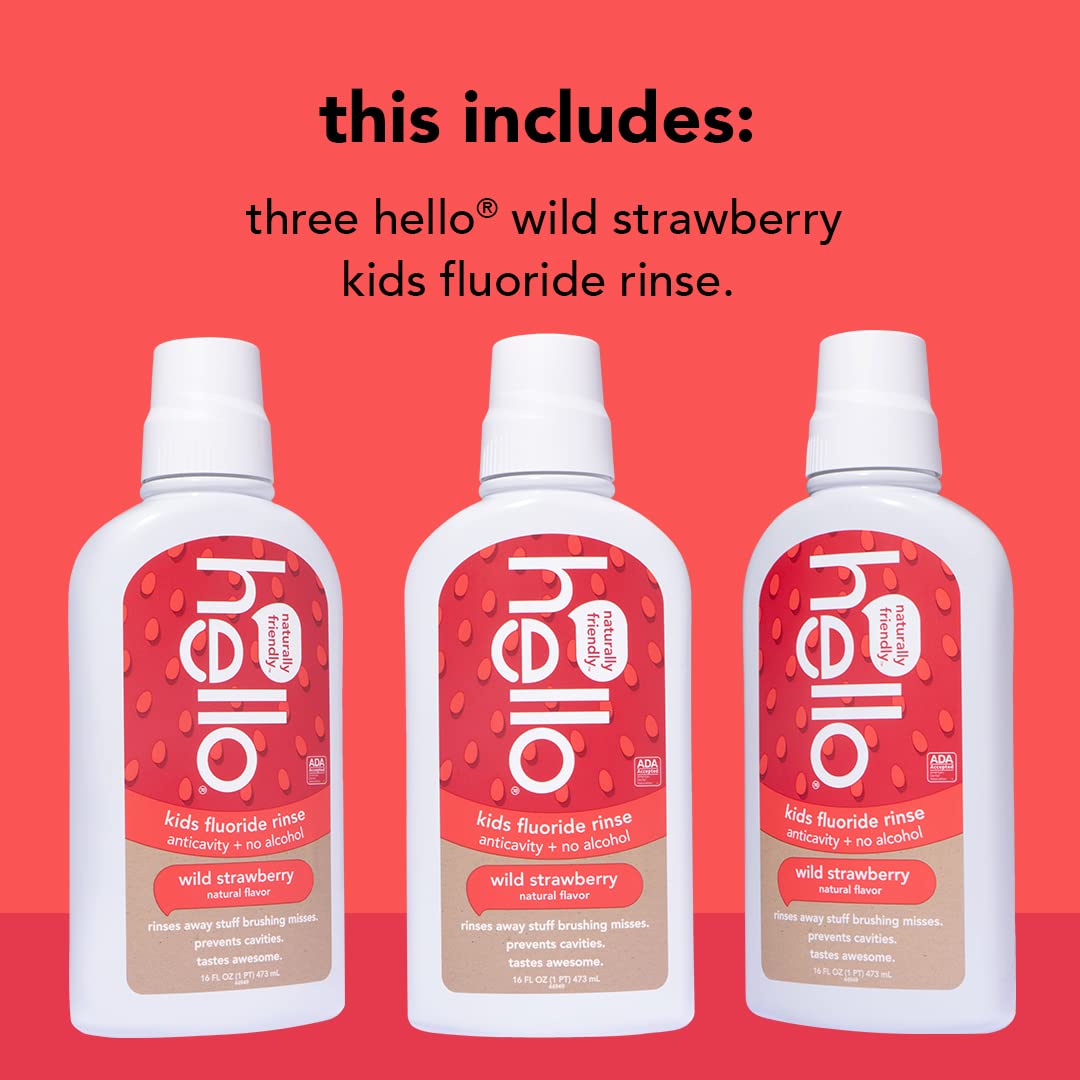 Hello Kids Wild Strawberry Natural Flavor Anticavity Fluoride Rinse - Vegan, Alcohol Free, and SLS Free Mouthwash for Children Age 2 and Up - 16 Ounce (Pack of 3)