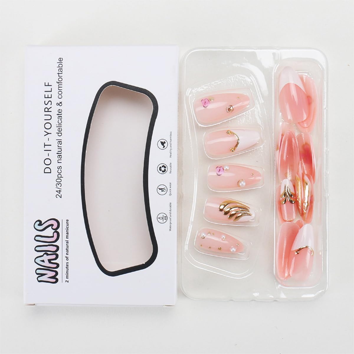 Almond Press on Nails Medium Pink Fake Nails Kit 3D Flower Gold Chrome Designs Glossy Fale Nails Acrylic Press Ons White French Tip Glue on Nails Full Cover Stick on Nails for Women Girls 24Pcs