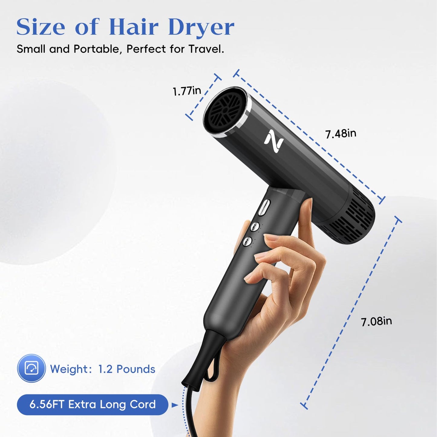 Natrial Ionic Salon Hair Dryer with 3 Attachments, 1600W Professional Blow Dryer with 110000RPM High Speed Brushless Motor for Fast Drying, Lightweight, Low Noise, Locking Function, 4 Temps & 3 Speeds