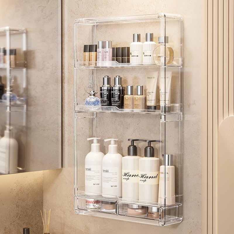 Wall Acrylic Display Shelves with Dividable Bins - Multi-Tier Bathroom & Kitchen Organizer