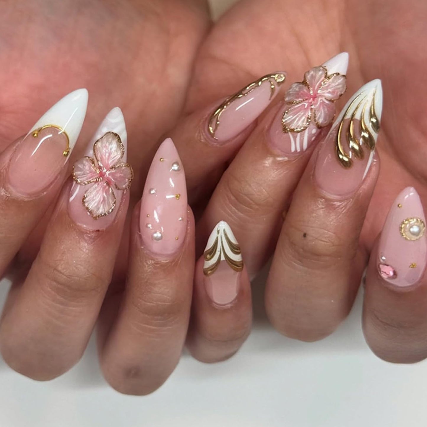 Almond Press on Nails Medium Pink Fake Nails Kit 3D Flower Gold Chrome Designs Glossy Fale Nails Acrylic Press Ons White French Tip Glue on Nails Full Cover Stick on Nails for Women Girls 24Pcs