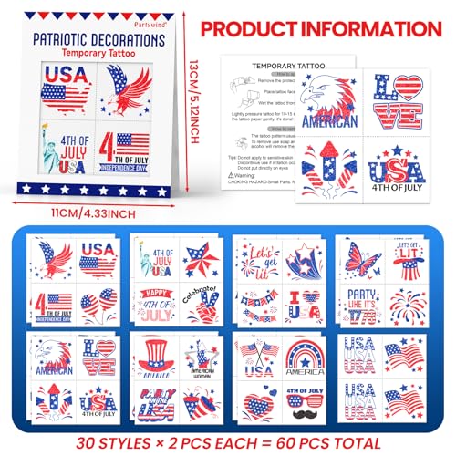 Partywind 60 Pcs Labor Day Decorations, Glitter USA Patriotic Tattoos Sticker, 4th of July Outfits for Women, Red White and Blue Accessories, Memorial Day, Independence Day Party Favors