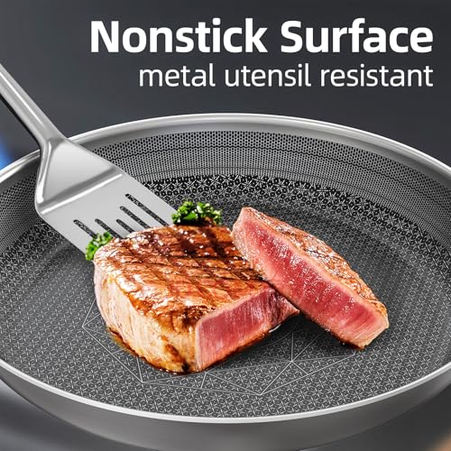 Hybrid Nonstick Frying Pan Set - 8, 10 & 12 Inch Stainless Steel Cookware Silver