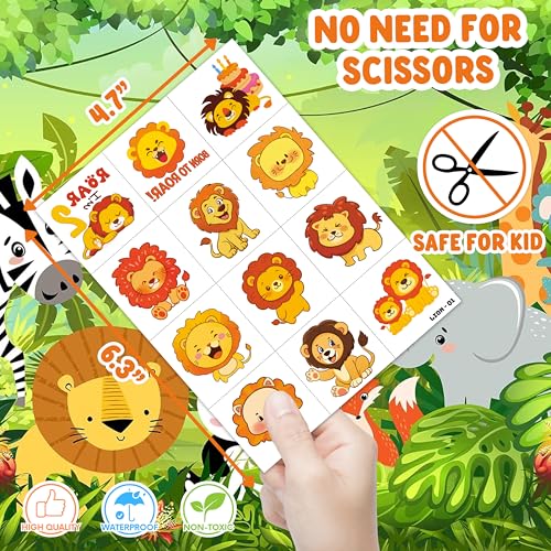 96 PCS Funny Lion Pre-Cut Temporary Tattoos for Kids | Super Cute Themed Birthday Party Favors, Supplies, Decorations, Jungle Animal Fake Tattoo Stickers, School Rewards Prizes & Gifts for Boys Girls