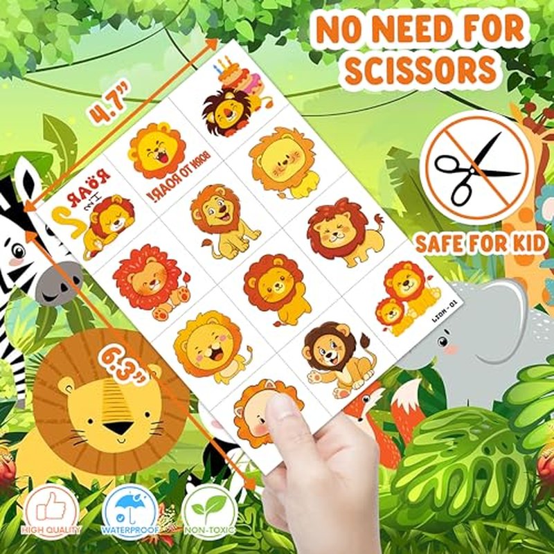 96 PCS Funny Lion Pre-Cut Temporary Tattoos for Kids | Super Cute Themed Birthday Party Favors, Supplies, Decorations, Jungle Animal Fake Tattoo Stickers, School Rewards Prizes & Gifts for Boys Girls