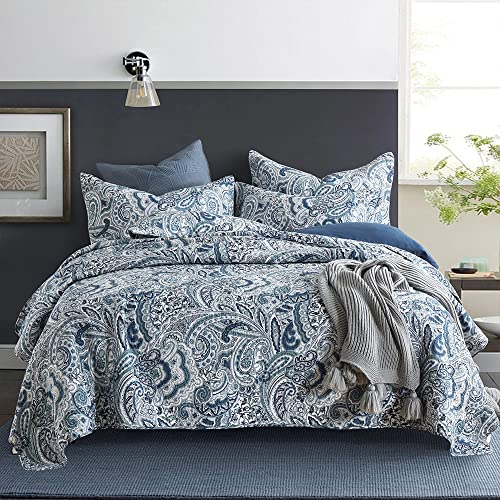 Reversible Cotton Bedspread Quilt Set - Blue Floral Paisley King Size - Autumn Dream
