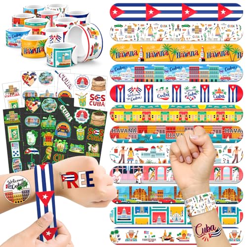 96 PCS Cuba Party Favors Set ? 72 Pre-Cut Temporary Tattoos & 24 Slap Bracelets, Perfect for Havana Nights, Cultural Festivals & Travel-Themed Celebrations