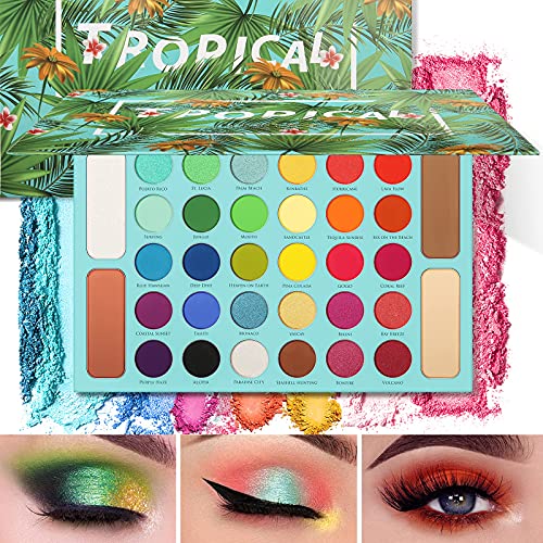 Docolor 15Piece Eye Makeup Brushes Set + 34 Colors Tropical Eeyshadow Palette Pigmented Matte Shimmer Metallic Blendable Soft Cream Powder Makeup Eye Shadow Palettes for Christmas Gift