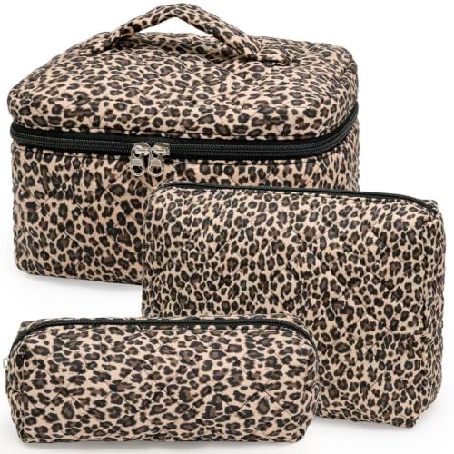 Leopard Print Quilted Makeup Bag Set - 3 Sizes Cosmetic & Toiletry Storage
