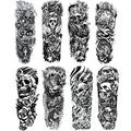 Skull Sleeve Tattoo Stickers Fake Black Skull Full Arm Temporary Tattoos Sleeves for Adult Kids Women Makeup, 8-Sheet