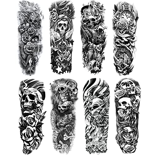 Skull Sleeve Tattoo Stickers Fake Black Skull Full Arm Temporary Tattoos Sleeves for Adult Kids Women Makeup, 8-Sheet