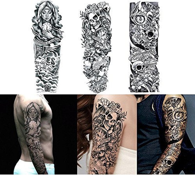 18.9x6.7 8 Sheets Extra Large Temporary Fake Tattoos Set for Men and Women, Full Arm Tattoo Sticker Skull Flower Paper Decal Fake Tattoos Sleeve DIY Black Body Art Sticker, Black 1