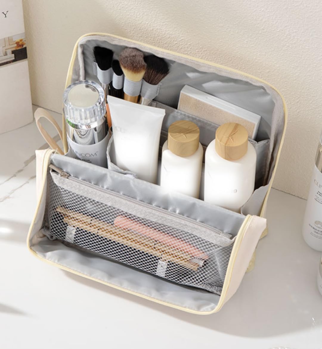 ZREVSB Standing Makeup Bag – Portable Waterproof Makeup Organizer with Compartments, 3L Large Capacity Travel Toiletry Bag, Multi-Purpose Oxford Cloth Cosmetic Bag for Women(Purple)