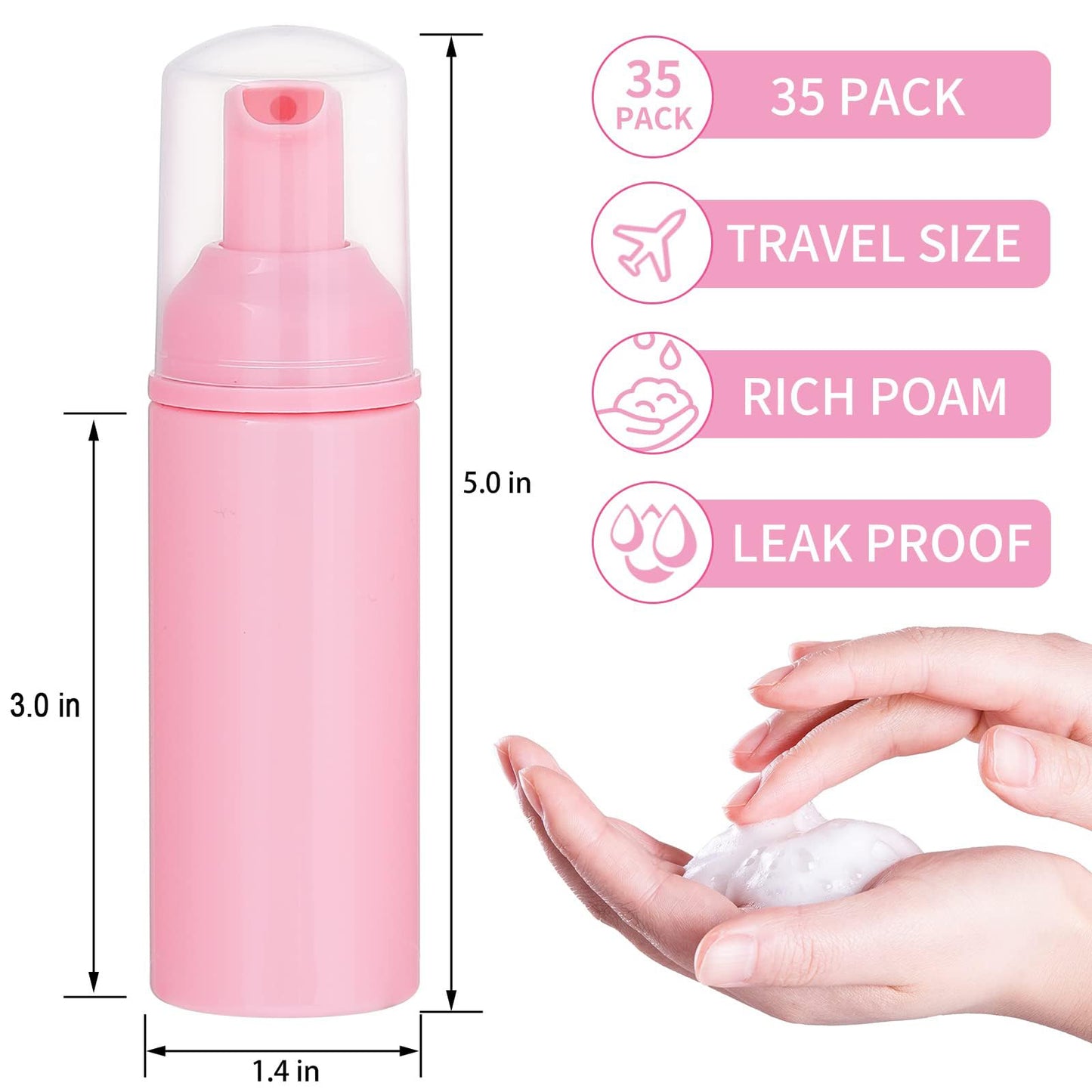35 Pack Plastic Foam Bottles Travel Soap Dispenser Bottles with Pump Mini Liquid Foaming Soap Bottles for Refillable Hand Sanitizer Lash Cleanser Shampoo Castile Pink(2 oz)