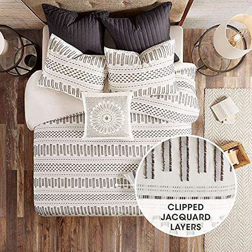 King Comforter Set with Matching Shams - Rhea Cotton Jacquard Geometric Design - Ivory & Charcoal - Comforter and Sham Set - All Season Cozy Bedding