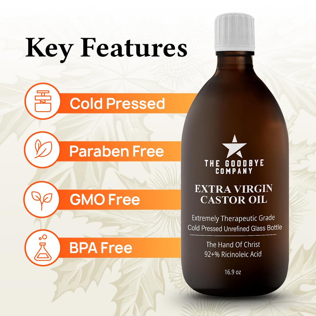Castor Oil USDA Certified Organic Glass Bottle Pure Cold-Pressed (500 ml) 100% Natural Virgin Castor Oil Unrefined Moisturise Skin Hair Growth Eyelashes, Hexane & BPA Free 16.90 Ounces