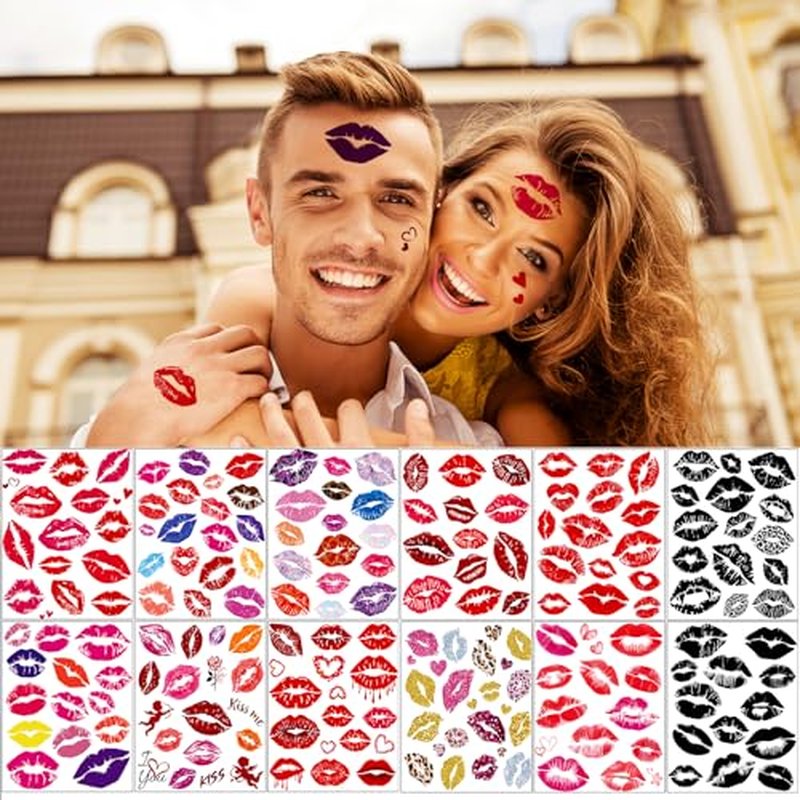 180 Pcs Large Size Valentine's Day Party Favors Kiss Lip Temporary Tattoos Stickers for Adult Women, 12 Sheets Bright Red Kiss Lip Print Fake Tattoos for Valentine's Day Costume Accessories