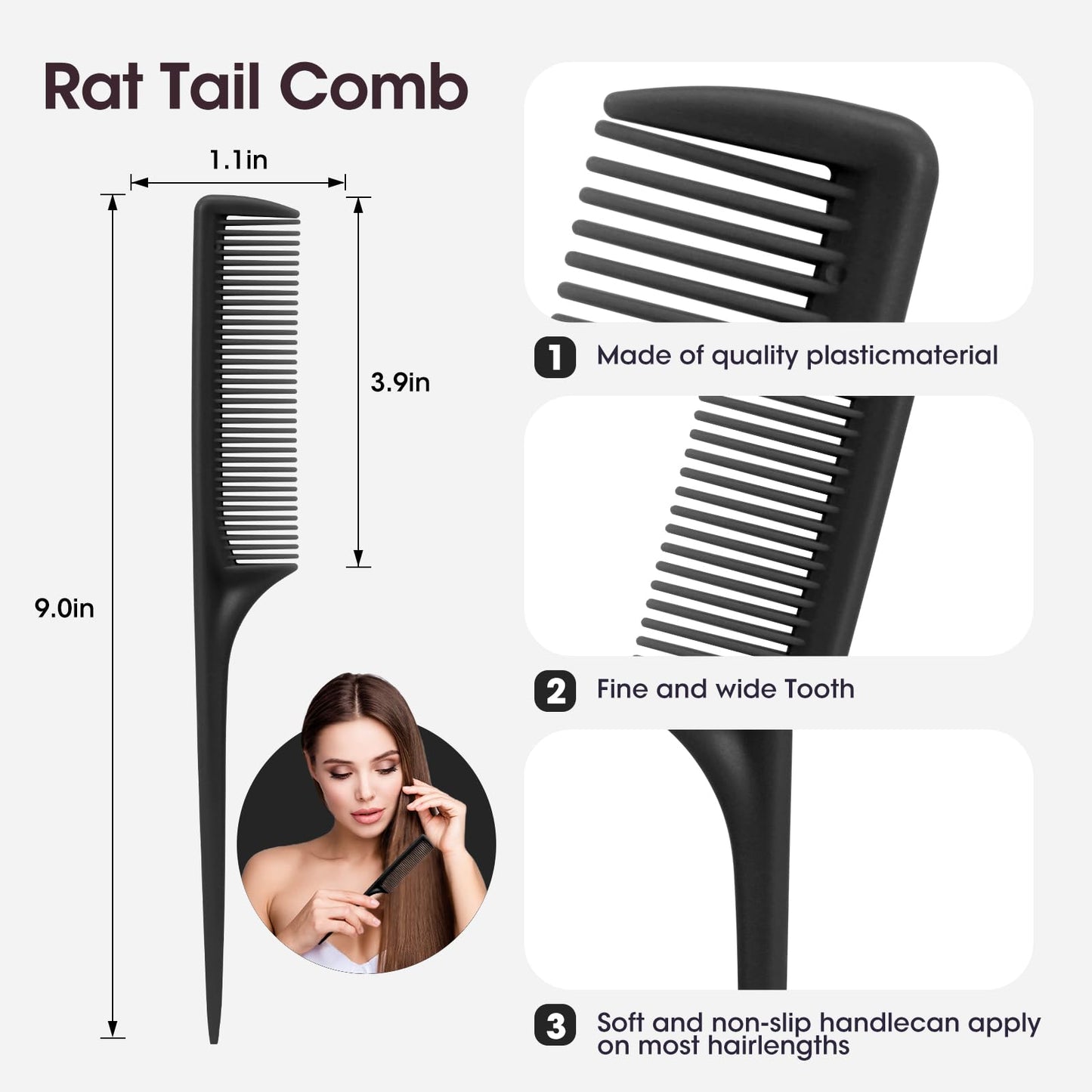 Rat Tail Comb Set-3Pcs Rat Tail Hair Teasing Fine Tooth Combs for Women Girls, Parting &Hair Styling Tools(Black Purple Blue)