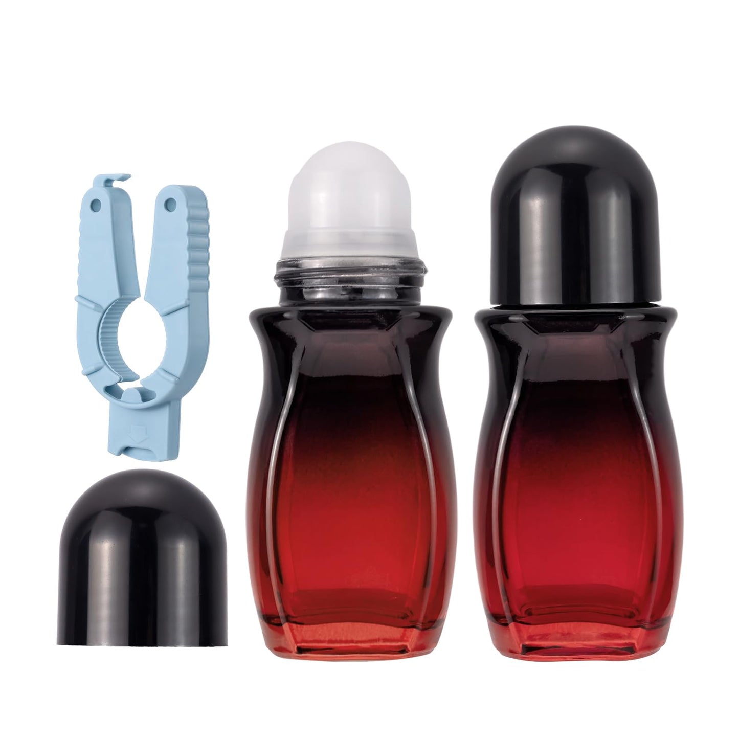 Kesell 2Pack Glass Roller Bottles 50ML Gradient Red Deodorant Bottle with Opener Refillable Glass RollerBall Deodorant Container for Essential Oils, Perfume (Black Lid)