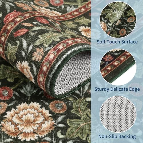 GarveeHome Forest Green Floral Area Rug 9x12 for Living Room & Bedroom, Washable Non-Slip Floor Mat